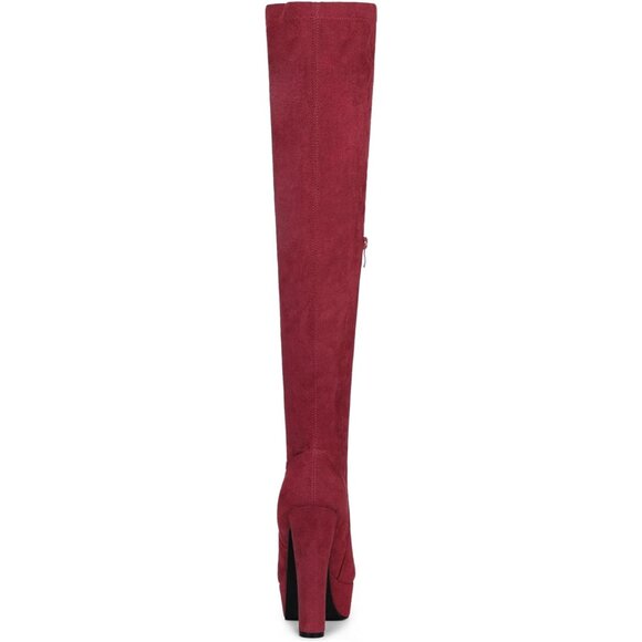 Women Burgundy Suede Chunky Heel Rounded Toe Over the Knee Thigh High Long Boots - Picture 3 of 6